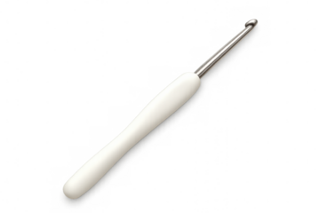 Ergonomic white-handled crochet hook with metal tip, positioned for precise textile crafting against transparent backdrop