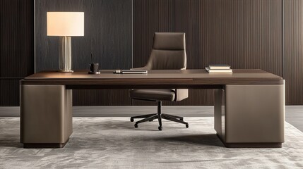 Modern executive office with a sleek wooden desk, leather chair, table lamp, and minimal decor against a textured dark wall.