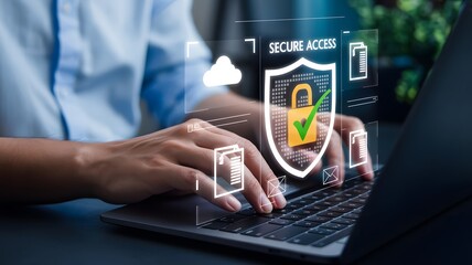 Person typing on a laptop with a digital security shield and padlock overlay