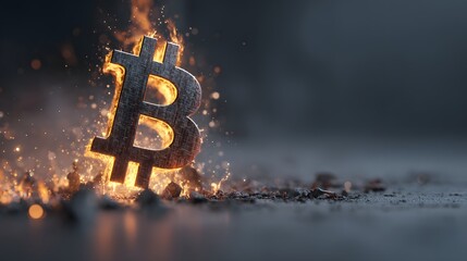 Fiery bitcoin symbol on ashes.