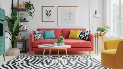 A bright, modern living room with a red sofa, colorful cushions, geometric rug, plants, and framed artwork, illuminated by natural light from a large window.