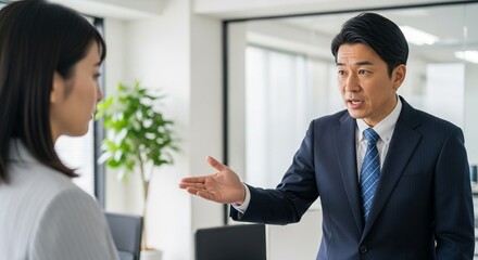 Obraz premium 真剣な指導：部下の成長を促す日本人男性社員