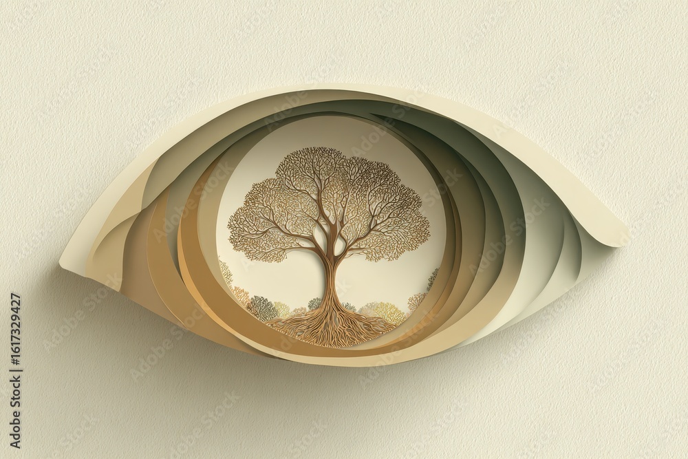 Poster abstract artwork of a tree in an eye-shaped design with layered paper textures