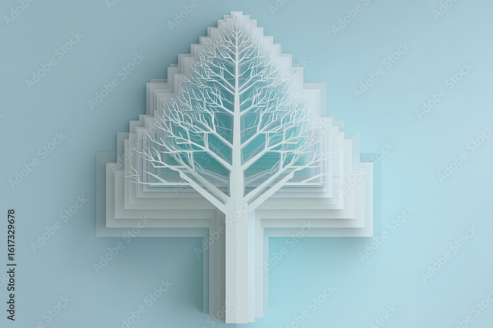 Poster artistic 3d paper tree design with layered structure and blue background