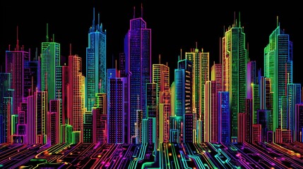 Neon city skyline with circuit board pattern on black background vibrant colors