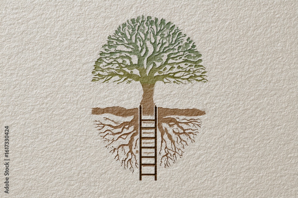 Aufkleber artistic representation of tree with roots and ladder on textured background