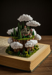 An open old book serves as a fantastical landscape with miniature trees, fluffy clouds, and a charming medieval-style castle emerging from its pages