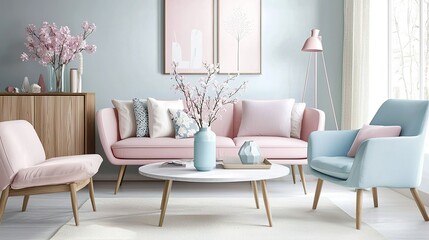 A modern living room featuring pastel pink and blue furniture with decorative pillows, floral arrangements, minimalist wall art, and a sleek coffee table.