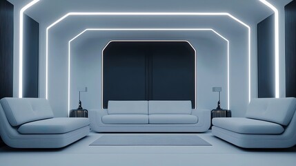A futuristic minimalist living room with sleek, curved sofas, ambient LED strip lighting, and a monochromatic color scheme emphasizing modern design.