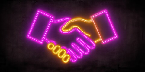 Two neon light handshakes one pink and one yellow against a textured dark background