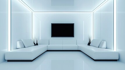 A sleek, futuristic living room with minimalistic white sofas, LED lighting, and a large flat-screen TV on a reflective, glossy floor.