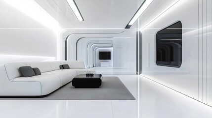 A sleek, futuristic white interior featuring a modern sofa, black cushions, a rug, and a minimalist black coffee table with curved walls and ambient lighting.