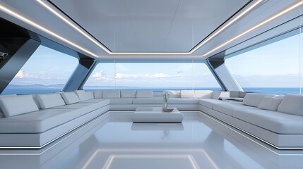 Spacious modern yacht interior with panoramic ocean views, featuring sleek white seating and minimalist decor for a luxurious and serene ambiance.