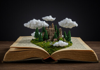 An expansive, open book on a wooden table reveals a stunning miniature world of a lush green landscape with a castle and trees