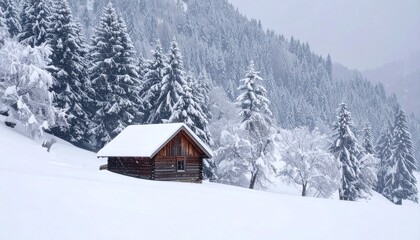 Fototapeta premium footage of a small cabin in a remote snowy valley, with light snowfall, cold wind sounds, and a peaceful winter mood
