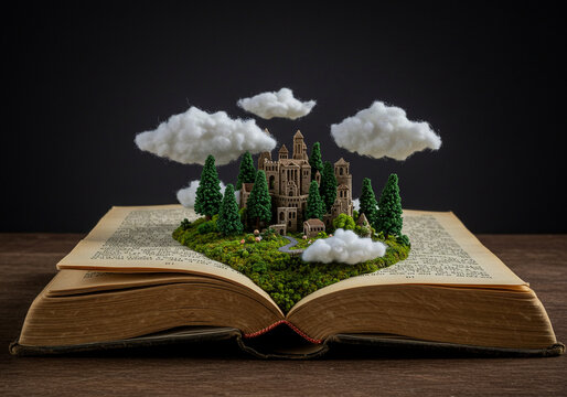An expansive, open book on a wooden table reveals a stunning miniature world of a lush green landscape with a castle and trees - Powered by Adobe