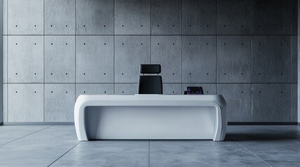 A modern minimalist office setup featuring a sleek white desk and black ergonomic chair against a concrete textured wall.