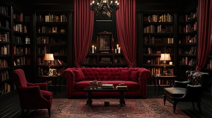 Elegant, vintage-style library room with dark wooden shelves, red velvet furniture, warm lighting, and a chandelier creating a cozy and sophisticated ambiance.