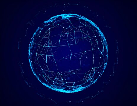 Abstract globe, digital network connections, glowing blue nodes and lines on dark background