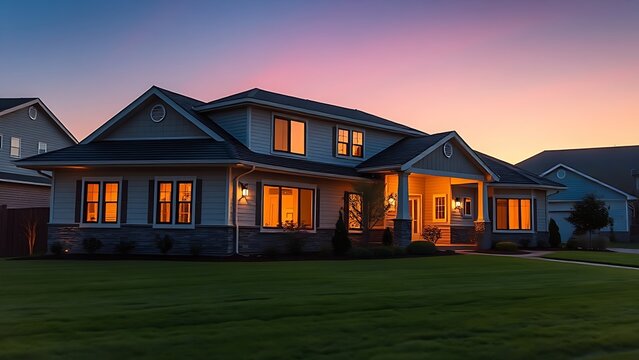 Suburban home glowing with warm interior lights at dusk, clean architecture against twilight.