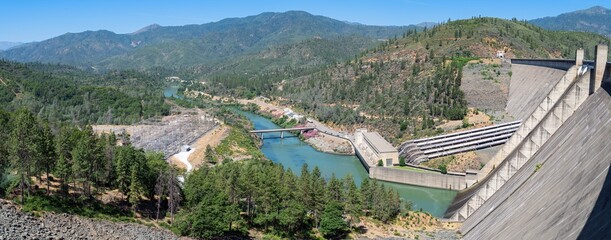 Panorama of the hydroelectric generating facilities along the Sacramento River downstream from Shasta Dam in California, USA