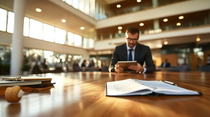 A focused businessman in a suit uses a tablet at a polished wooden table within a bright corporate office