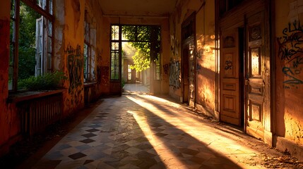 Fototapeta premium Sunlit corridor in an abandoned building.