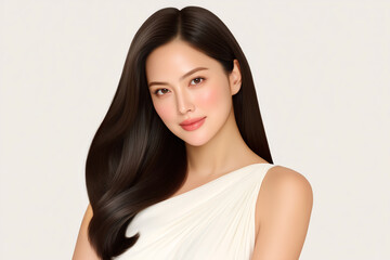 Beautiful Asian Woman with long straight hair and soft smile in white dress