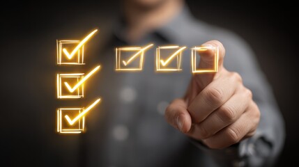 Man's hand interacting with a glowing checklist ticking off tasks with checkmarks