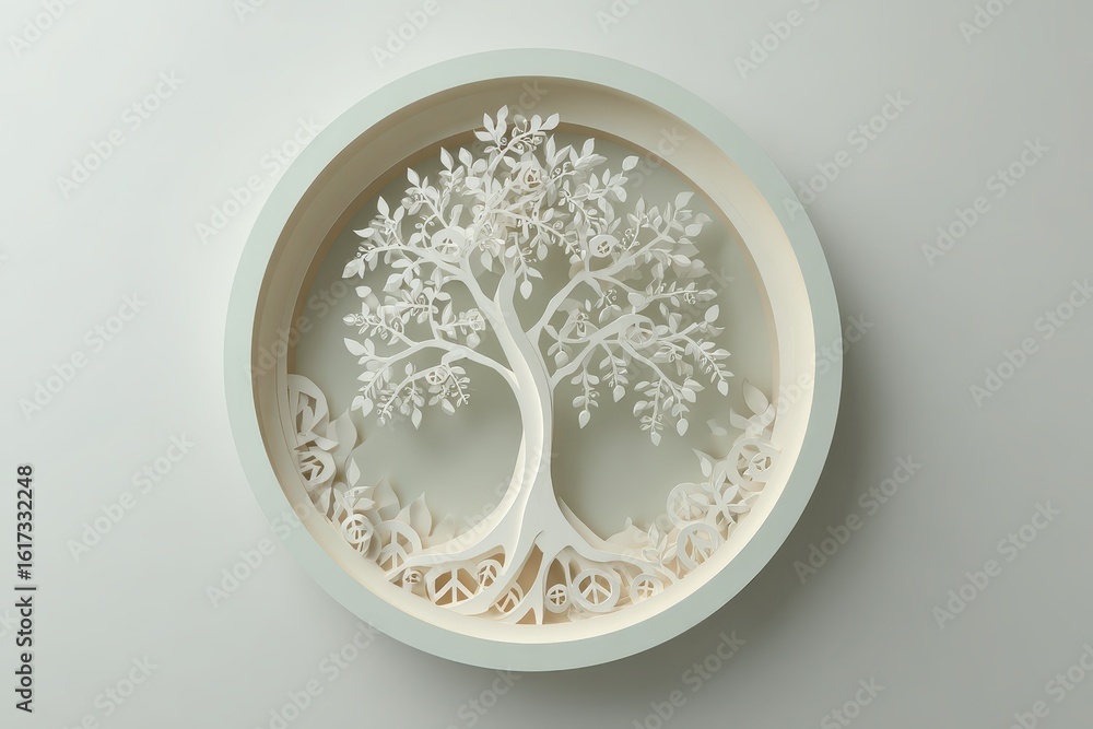 Poster intricate paper cutting art featuring a tree inside a circular frame