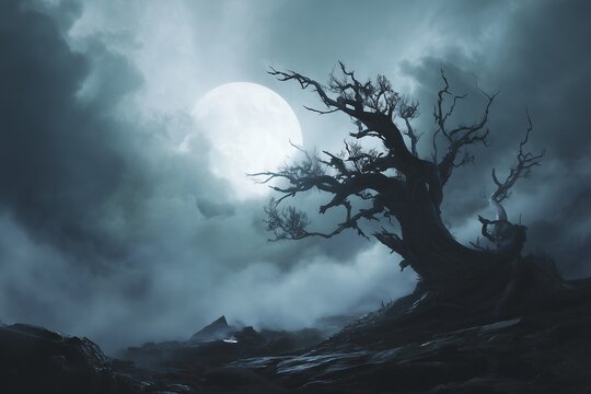 Silhouette of a gnarled tree under a luminous full moon amidst swirling clouds, creating an eerie atmosphere. Concept for Halloween themes, gothic fantasy illustrations and horror movie backdrops