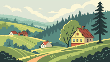 A picturesque landscape featuring houses in a rural village, surrounded by mountains, hills, and lush green fields
