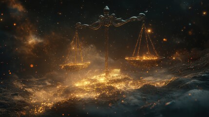 Obraz premium Cosmic scales balance justice, fiery nebula background, legal concept