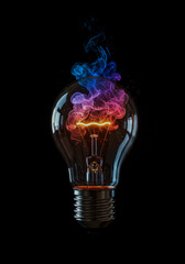 A glowing light bulb contains colorful smoke swirling within, with plumes of pink, purple, and blue smoke also emanating from its top into the dark