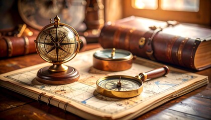 Vintage travel theme with compass globe magnifying glass and old map on wooden table