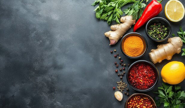 aromatic spices and herbs on dark background: ginger, cayenne pepper, lemons, green leaves, and black pepper with ample copy space for cooking themes