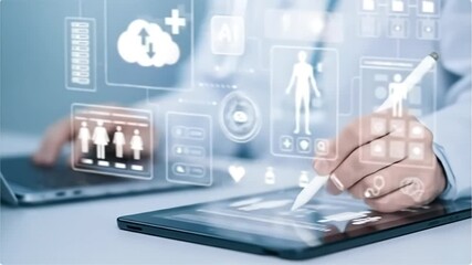 Doctor interacting with digital health records and AI-powered medical interfaces on a tablet and laptop, showcasing modern healthcare technology and data management - Powered by Adobe