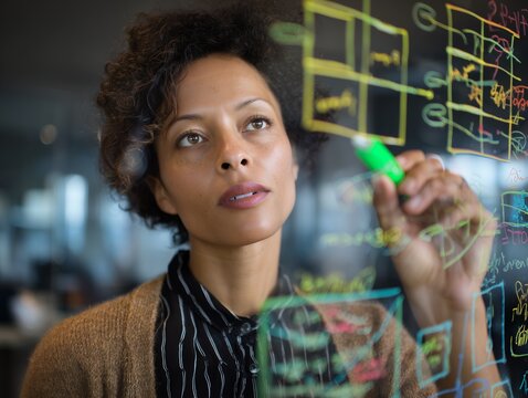 Focused businesswoman sketching diagrams on glass board with green marker, concept for project management, team collaboration and strategy development