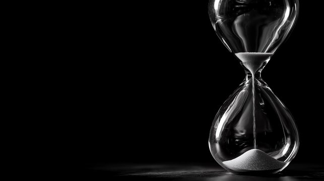 Monochrome image of an hourglass on a dark backdrop showing time passing, concept for deadlines, countdowns and urgency visualization