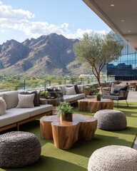 Inviting Outdoor Lounge With Rustic Wooden Table, Chic Cushioned Sofa, And Stylish Poufs Creating A Relaxed Atmosphere