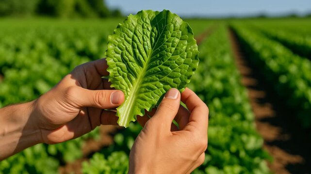 Local food inspection. Close up hands holding fresh green lettuce leaf sunny vegetable farm with rows of healthy leafy vegetables growing natural