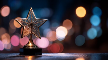 Close-up of a gleaming star-shaped trophy with a black base, set against an abstract bokeh background. Concept for corporate award, achievement recognition and leadership excellence in business