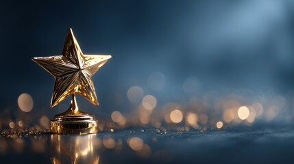 A shiny golden star trophy standing prominently on a dark blue surface with glittering bokeh lights, concept for corporate recognition, employee appreciation and business excellence
