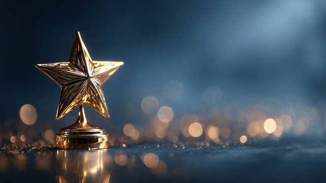 A shiny golden star trophy standing prominently on a dark blue surface with glittering bokeh lights, concept for corporate recognition, employee appreciation and business excellence