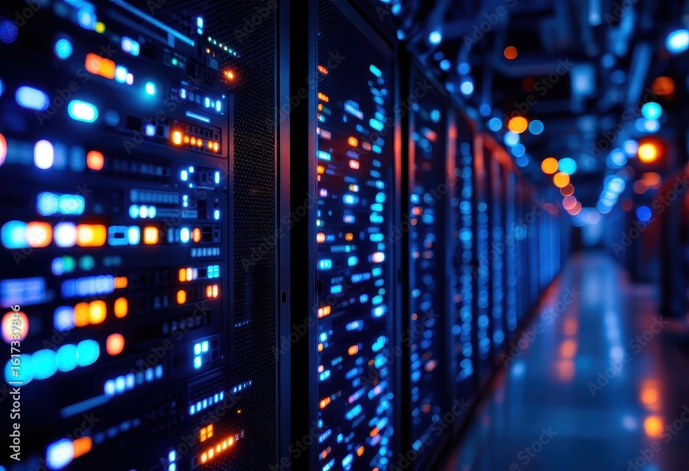Poster rows of glowing server racks in a data center.