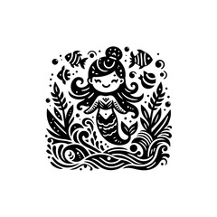 Fototapeta premium A small tribal mermaid waves from under the sea