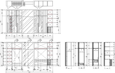 Built-in Wardrobe Design with Central Mirror and Hanging Rod – Vector Section Drawing