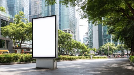 Blank billboard in a modern urban setting surrounded by greenery and high-rise buildings.