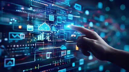 Hand interacting with digital cloud interface with data visualizations and connected icons - Powered by Adobe