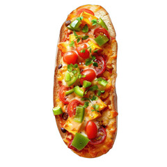 Oval-shaped pizza-style sandwich, topped with colorful veggies and cheese
